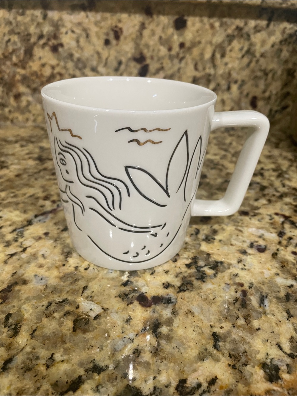 Starbucks White Ceramic Mug with Black & Gold Mermaid Line Art